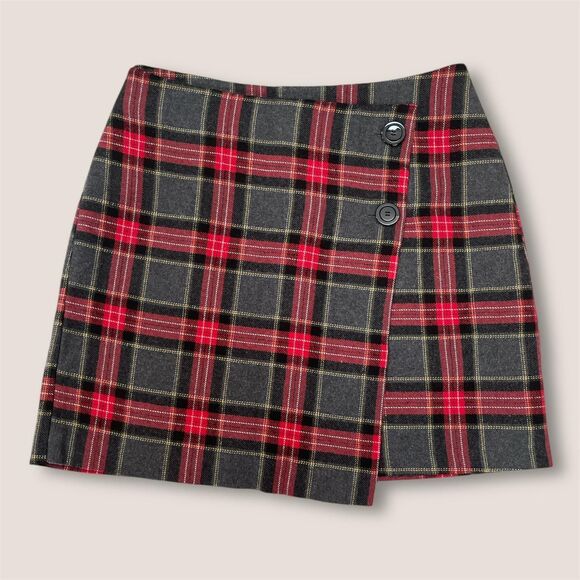 H&M Plaid Checked Wrap Front Mini Skirt Size 8 - Picture 1 of 8